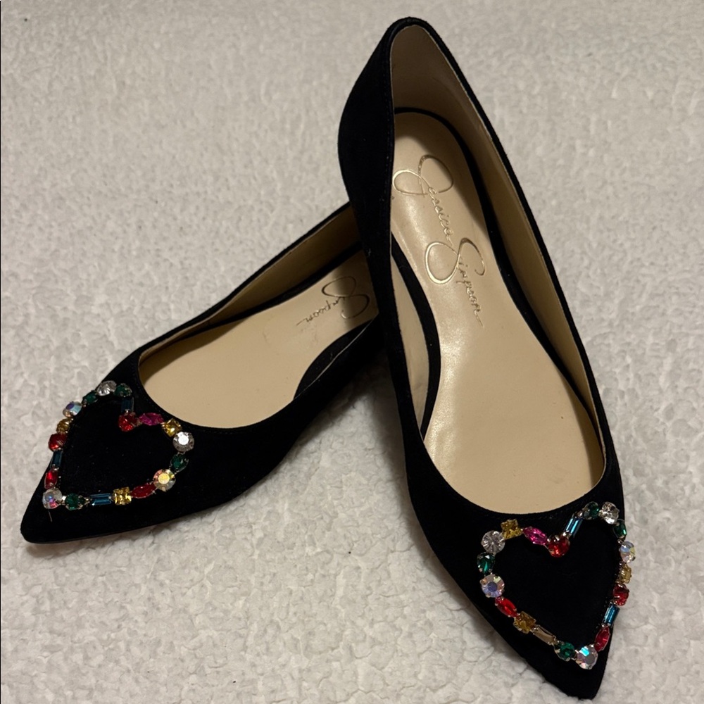 Jessica Simpson Black Suede Flats with Multicolor Heart Embellishment